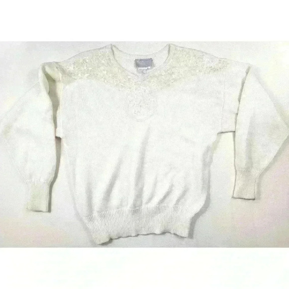 Vintage Joyce Regency Collection 80's White Metallic Sequin Bling Party Sweater - Picture 1 of 7